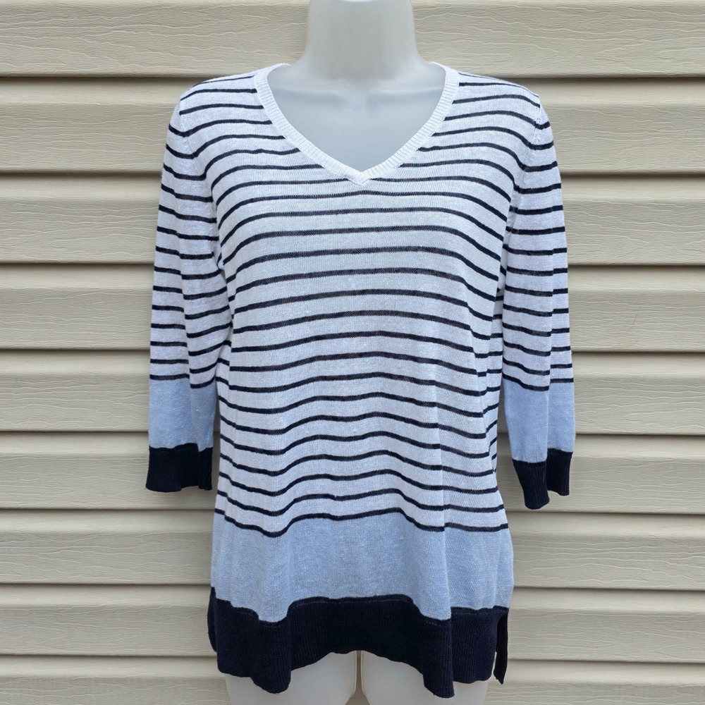 Talbots Petite Linen knitted Top Size P Blue White Striped Lightweight Coastal